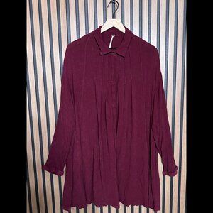 Free People Shirt Dress Large Women Burgundy Metallic Collared Tunic Long Sleeve